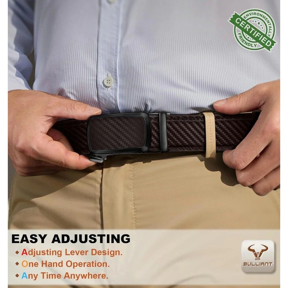BULLIANT Men’s Brown Ratchet Belt - Carbon Fiber Texture Leather - Size 44/130